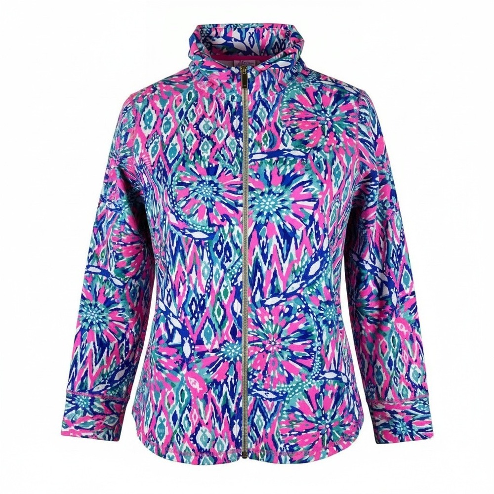 Lilly Pulitzer Womens Swizzle Full Zip Jacket Pink Blue Green French Terry XL